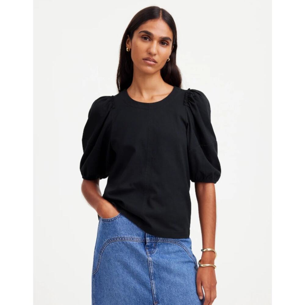 Madewell Puff-Sleeve Tee 2XS Black Crewneck Cotton Relaxed Pullover Ruffle Trim